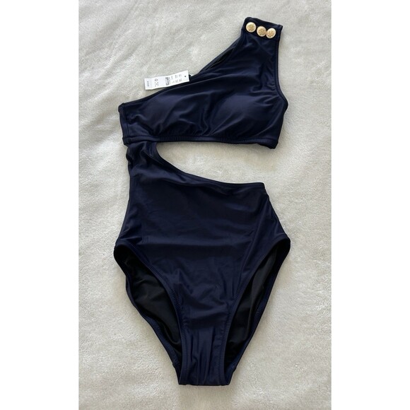 J Crew Swimsuit Size 2 One Piece Cut Out Navy Gold Buttons Bathing Suit Preppy - Picture 2 of 9